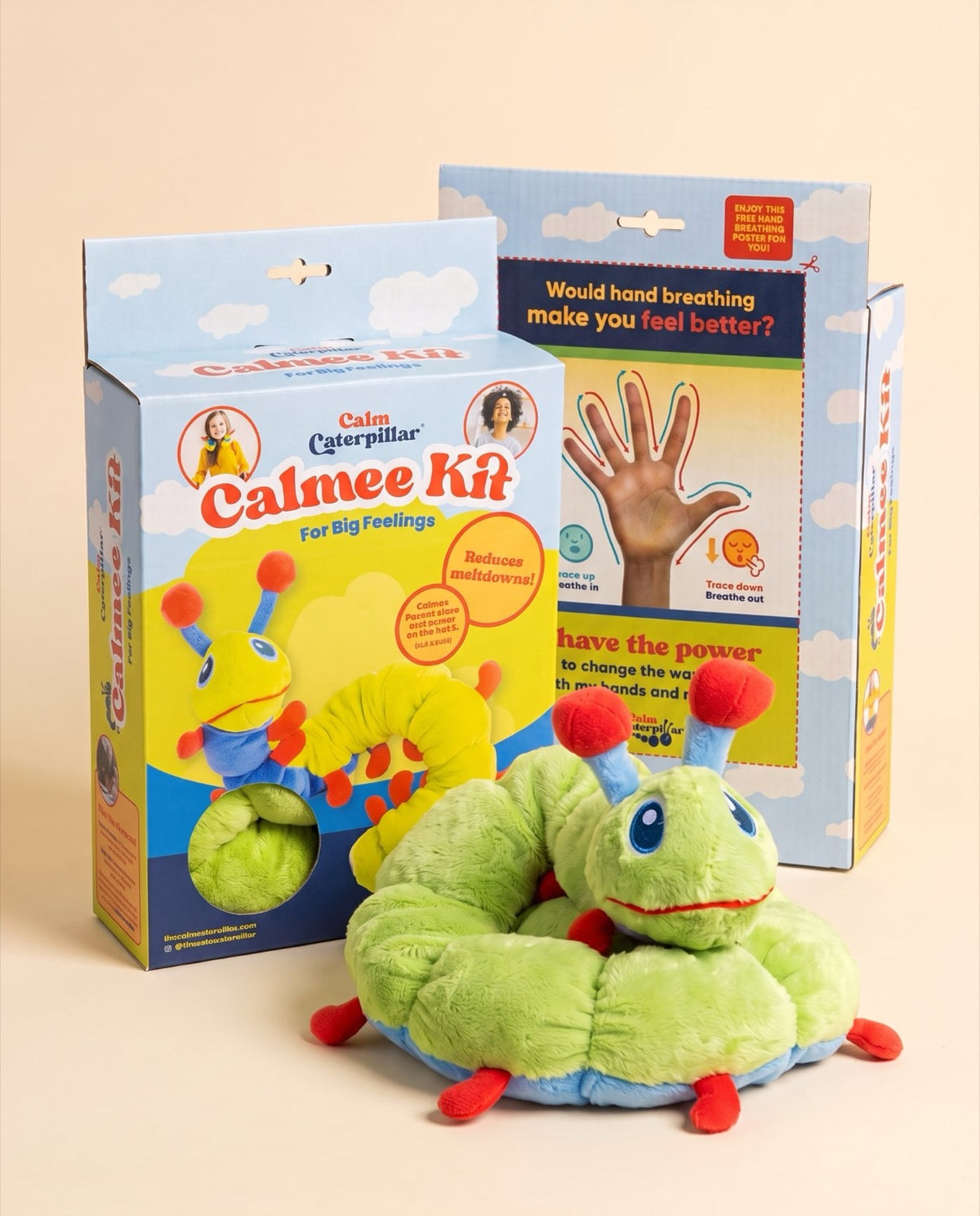The Calmee Kit box shown front and back beside the green Calmee plush coiled in front