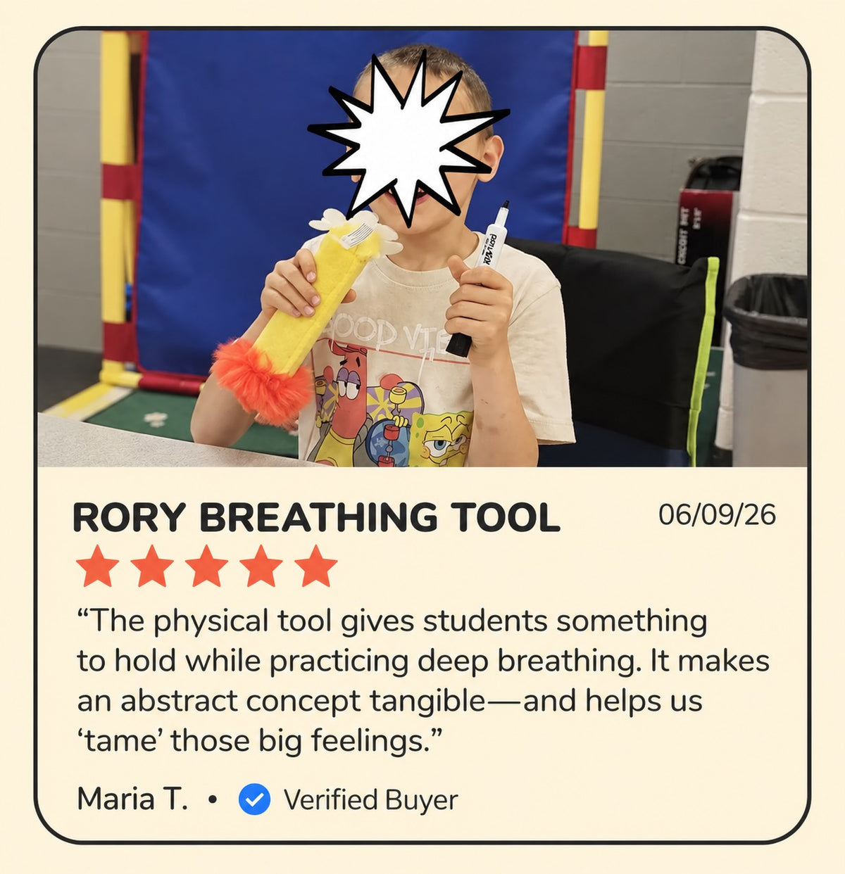 A parent review of Rory Junior with a photo of a child using it