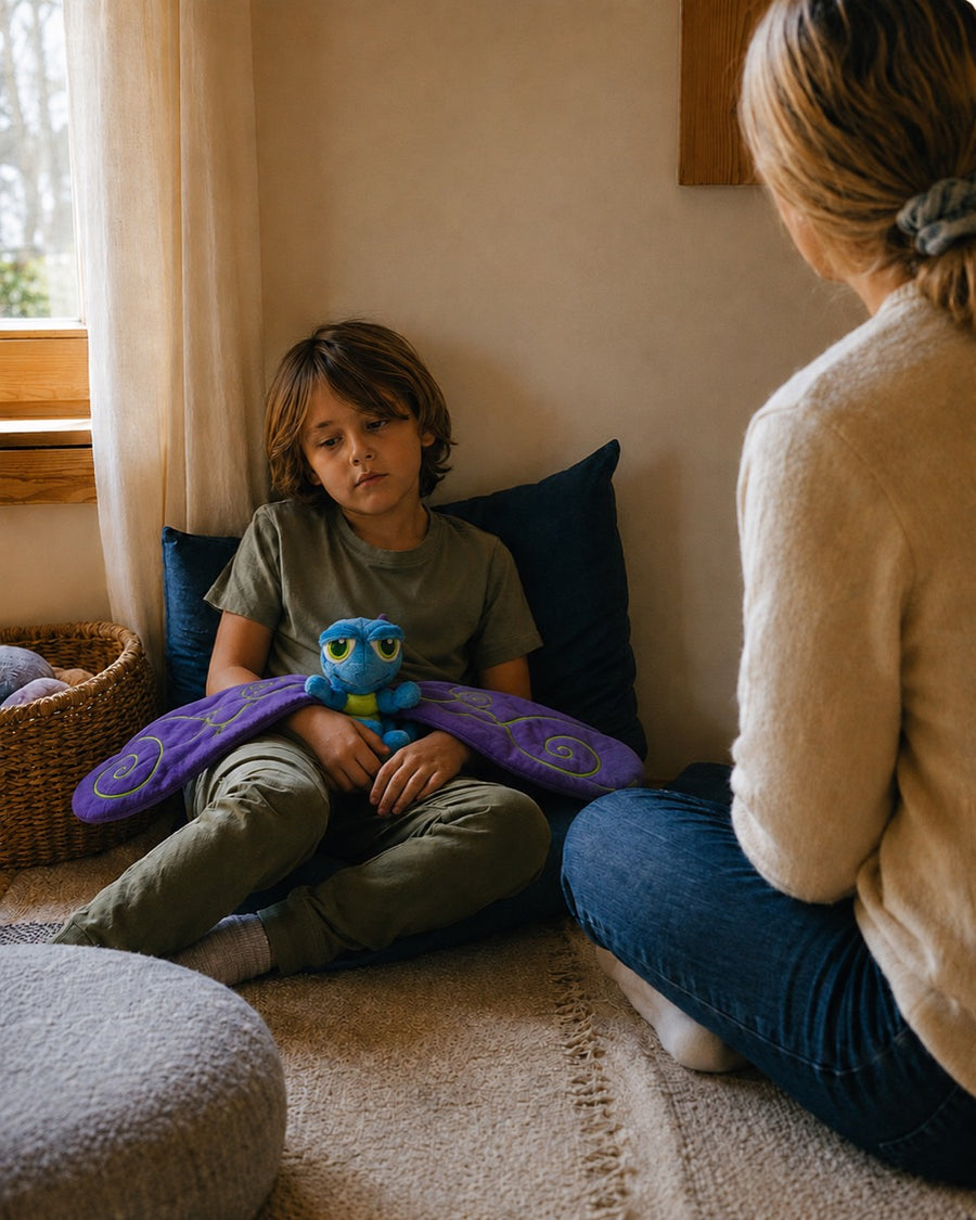 A boy sitting cross-legged against a cushion, holding Flutter in his lap, with an adult seated on the floor nearby.