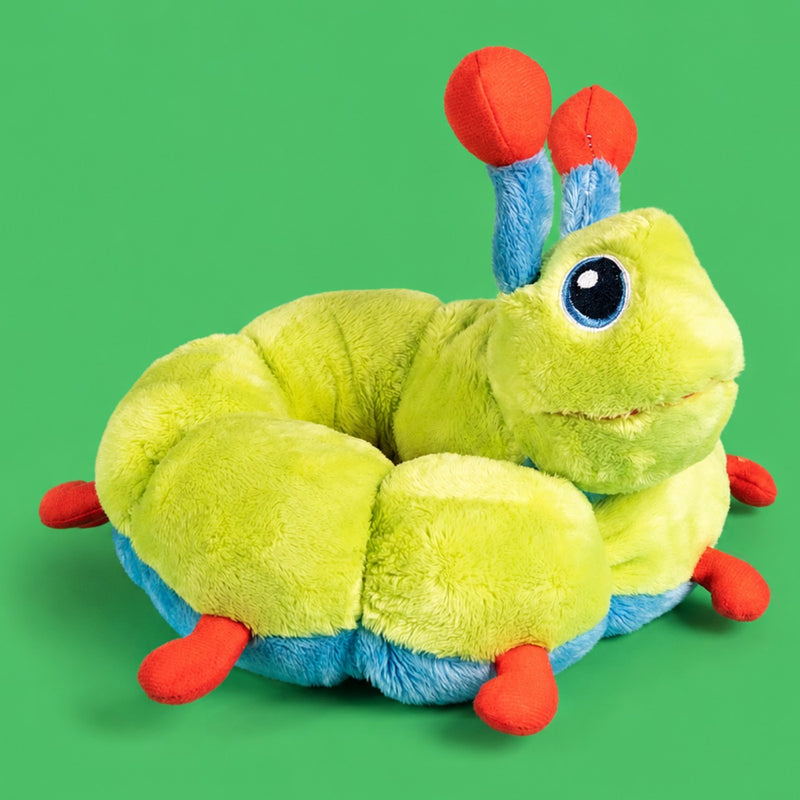 Calmee the Caterpillar, a green and blue plush with red feet, curled in a ring.