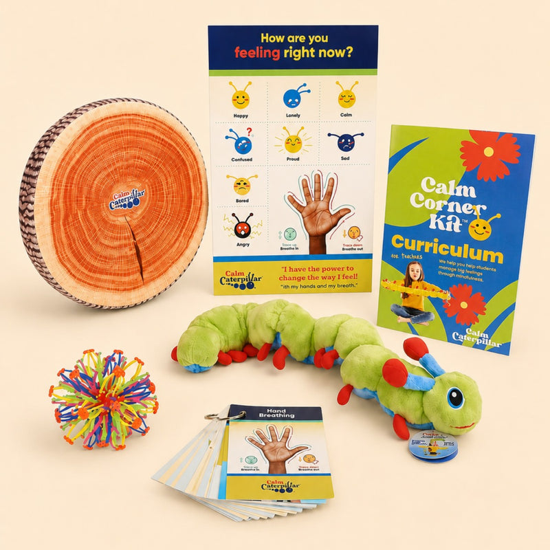 A Calm Corner Kit laid out: feelings poster, curriculum booklet, hand-breathing cards, Calmee, a wooden tree slice, and a stretchy ball.