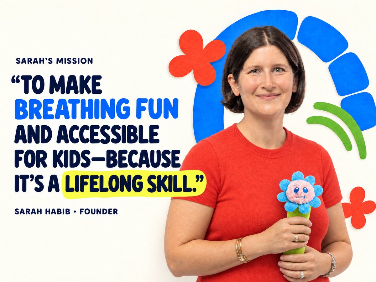 Sarah's mission, in her words: to make breathing fun and accessible for kids, because it is a lifelong skill. Sarah Habib, founder, holding a Bloomie breathing stick.