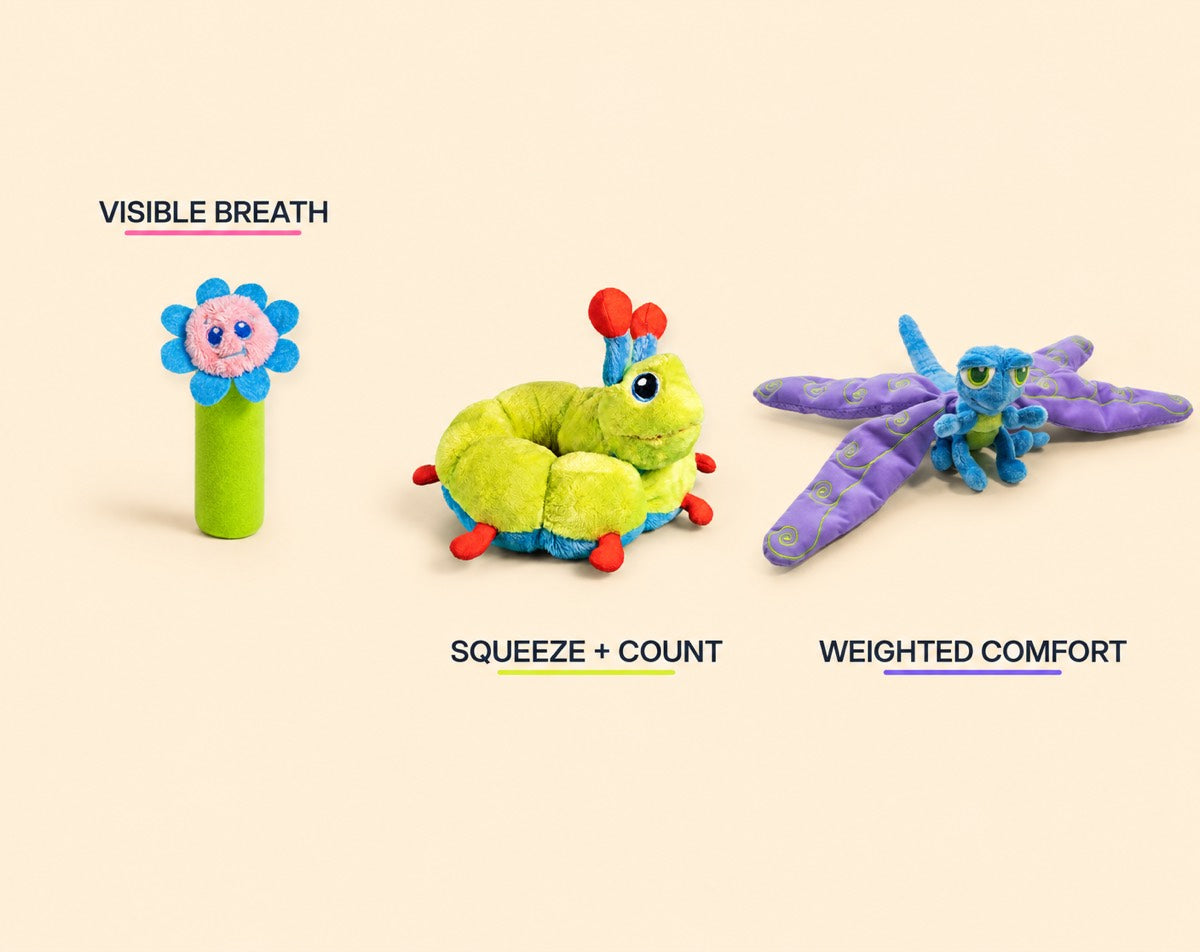 Three Calm Caterpillar tools: Bloomie the breathing stick for visible breath, Calmee the caterpillar for squeeze and count, and Flutter the dragonfly for weighted comfort.