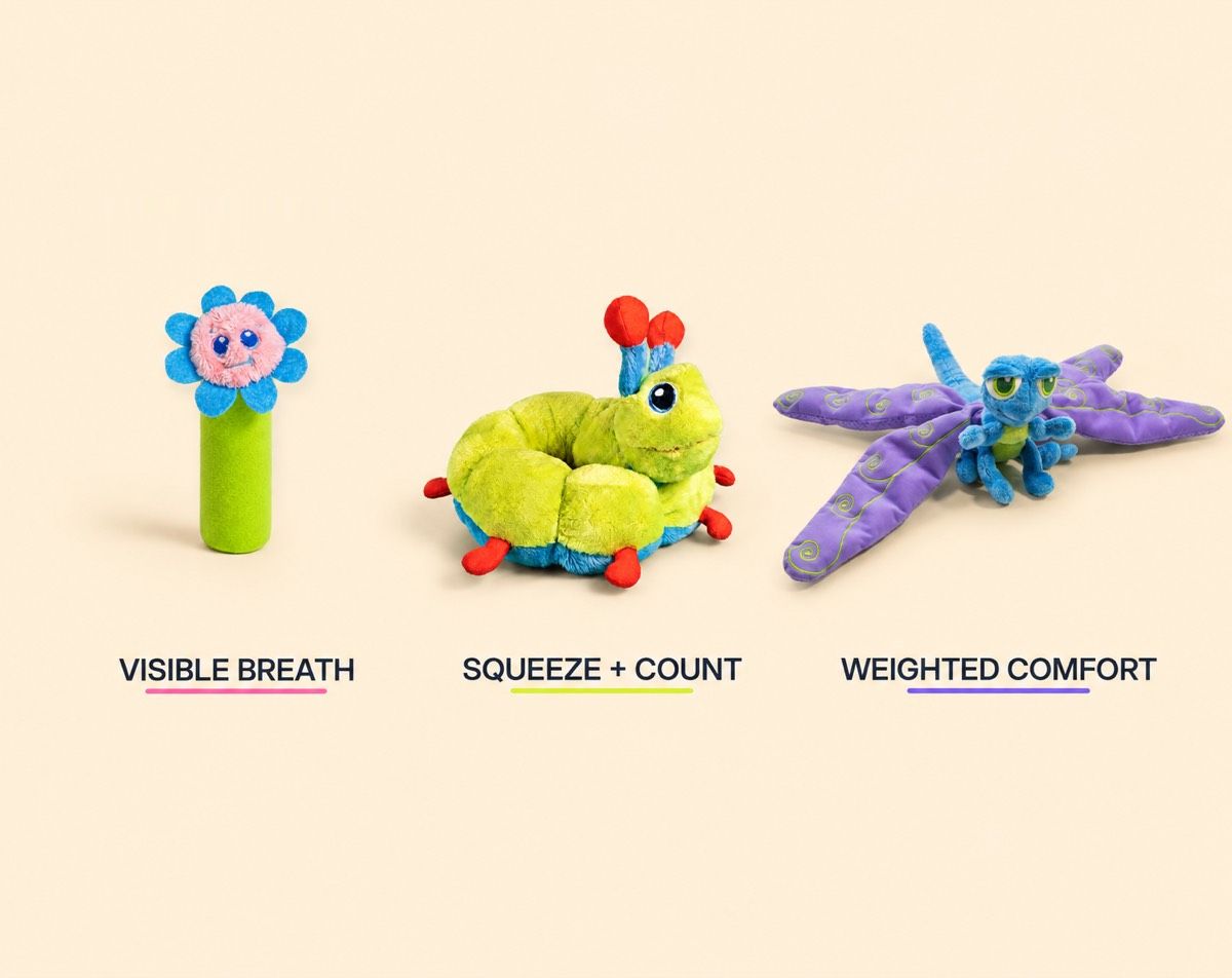 Three Calm Caterpillar tools: Bloomie the breathing stick for visible breath, Calmee the caterpillar for squeeze and count, and Flutter the dragonfly for weighted comfort.