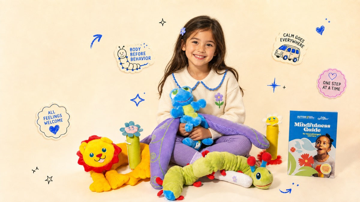 A child sitting cross-legged stretching Calmee while an adult beside her reads the Mindfulness Guide, surrounded by breathing sticks and plush tools.
