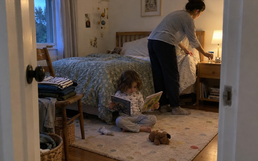 A child's bedroom at low light, one lamp on: a child reads on the rug while an adult turns down the bed.