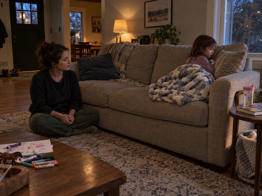 A parent sitting on the floor beside a child who is calming down after a meltdown, a plush tool between them.
