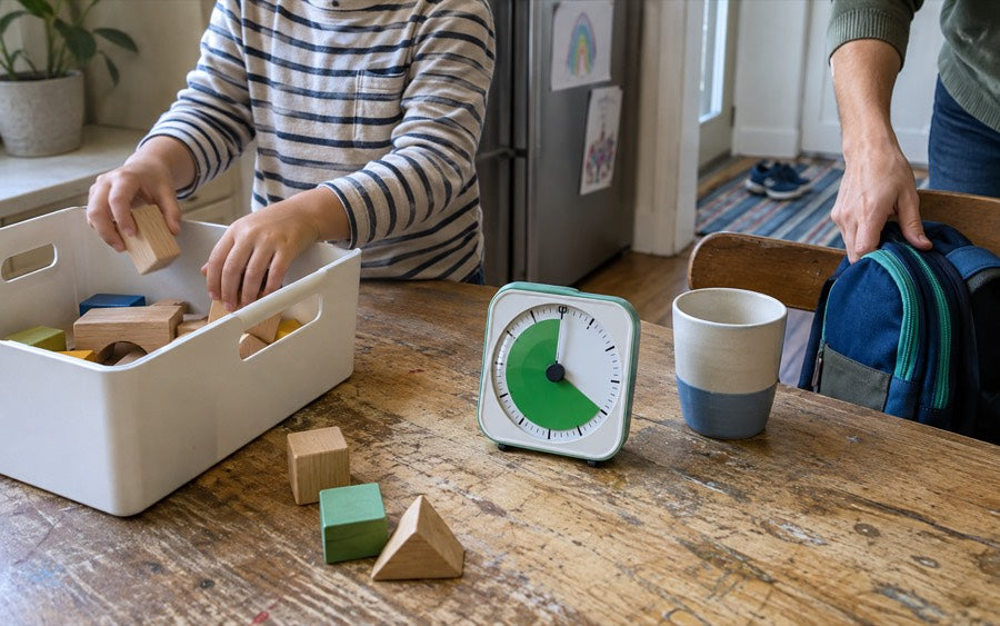 A sand timer standing on a kitchen table beside a half-finished drawing.