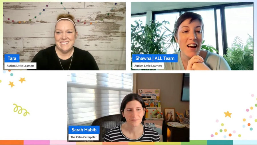 Still from the livestream: Tara and Shawna of Autism Little Learners and Sarah Habib of The Calm Caterpillar on a three-way video call.
