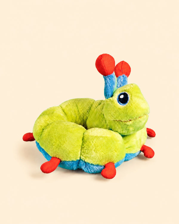 Image showing calmee the caterpillar on the shoulders of a child. Calmee is a soft-plush deep breathing tool, that enables children to have a sensory experience while they practice breathing.