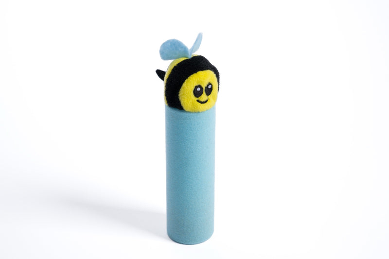 The bee end of Buzzee: a yellow-and-black bee head with pale blue wings