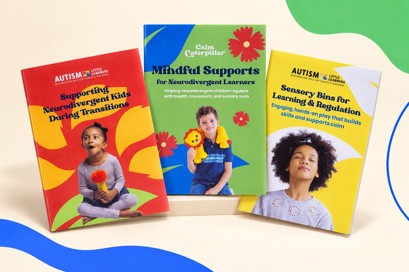 The three expert guides standing side by side: Supporting Neurodivergent Kids During Transitions, Mindful Supports for Neurodivergent Learners, and Sensory Bins for Learning and Regulation