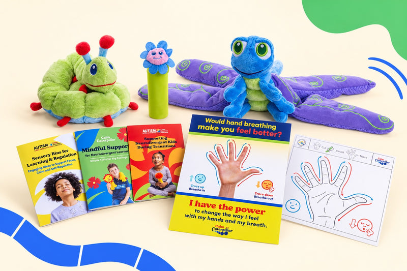 The full Calming Tools set laid out: Calmee the caterpillar plush, Bloomie, and Flutter the dragonfly behind the three expert guides, the hand-breathing poster, and the tracing page