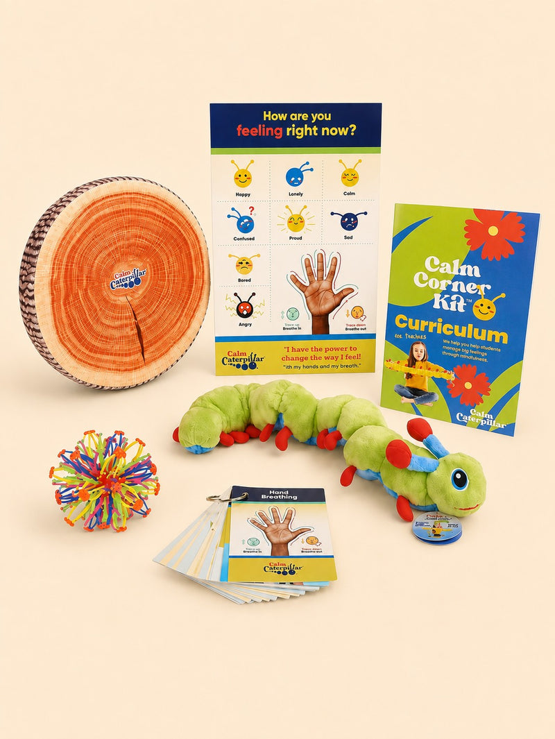The Calm Corner Kit laid out: a tree-stump sitting cushion, the How are you feeling right now poster, the Calm Corner Kit Curriculum for teachers, Calmee the caterpillar plush, an expandable breathing ball, and a ring of hand-breathing cards