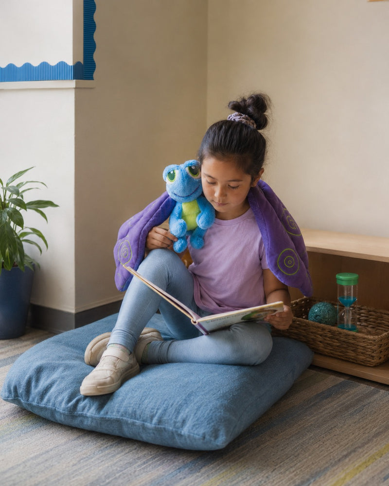 A girl reading with Flutter's wings hanging over both shoulders