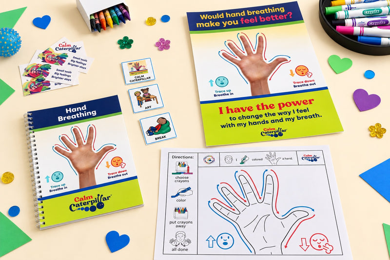 The Hand Breathing Tracing Activity: a spiral-bound book, a wall poster, picture cards, and a colouring page with crayons