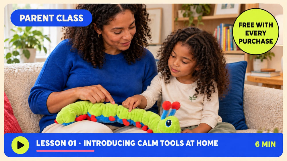 The Calm Caterpillar Parent Class shown playing on a laptop screen
