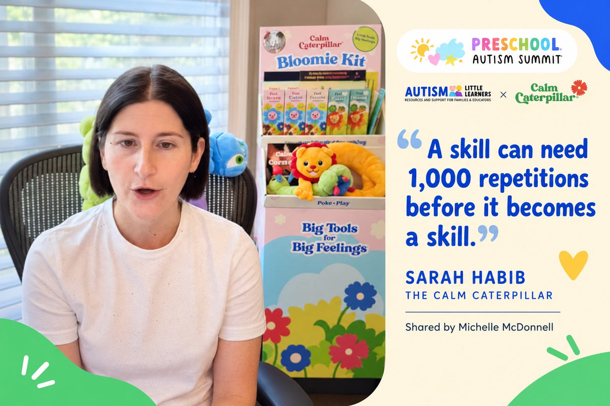 Preschool Autism Summit card: Sarah Habib of The Calm Caterpillar, quoted as saying a skill can need 1,000 repetitions before it becomes a skill
