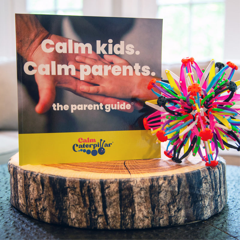 Image showing 3 of the products from the Calm Corner Kit. A tree stump sitting cushion, which is a comfy cushion for your child to use when calming down. An expandable breathing ball, which teaches a child how to control their breathing. A Parent Field Guide, which is an easy-access reference point to remind yourself of how to apply these calming methods.