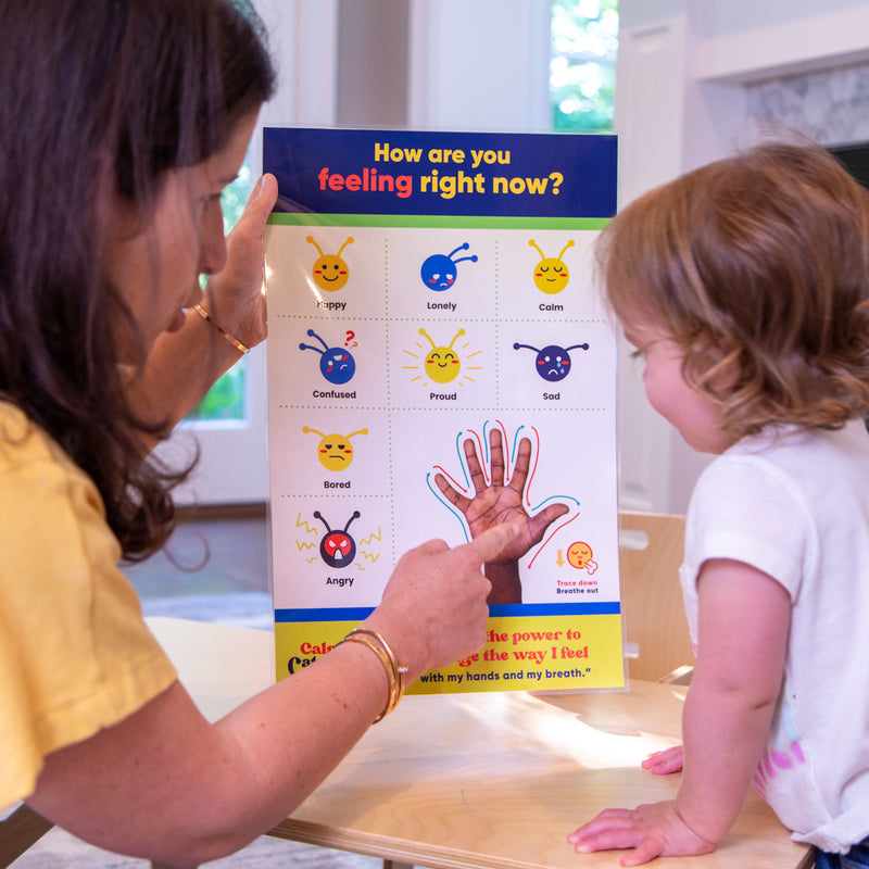 Image showing a parent talking a child through the calm caterpillar feelings & emotions chart.