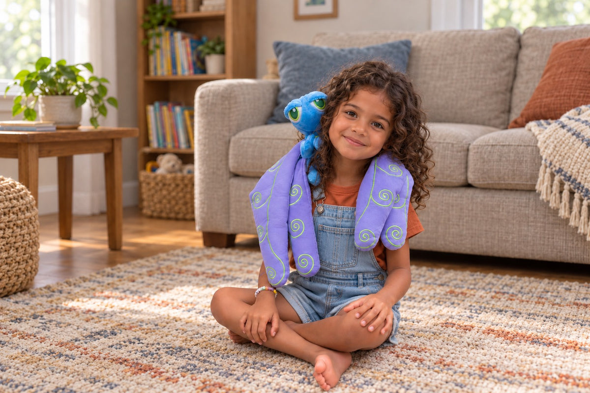 A girl reading on a sofa with Flutter’s wings over her shoulders
