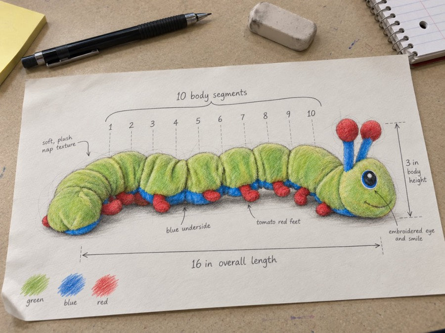 A colored spec drawing of Calmee annotated with ten body segments, blue underside, tomato red feet, and a 16 inch overall length.