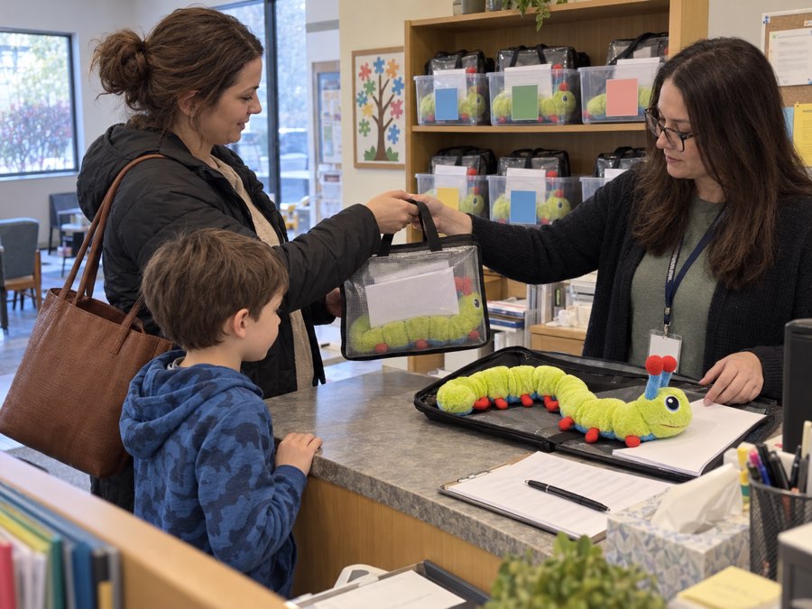 A parent and child at a front desk hand a zipped clear pouch holding a Calmee plush to a staff member; labelled lending bins line the shelves behind her and a checkout sheet sits on the counter.