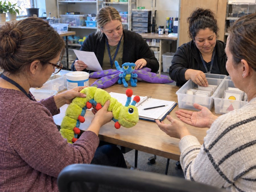 Four staff members around a table handling Calmee and Flutter while reviewing a checklist, with feelings cards sorted into labelled bins and cleaning supplies nearby.