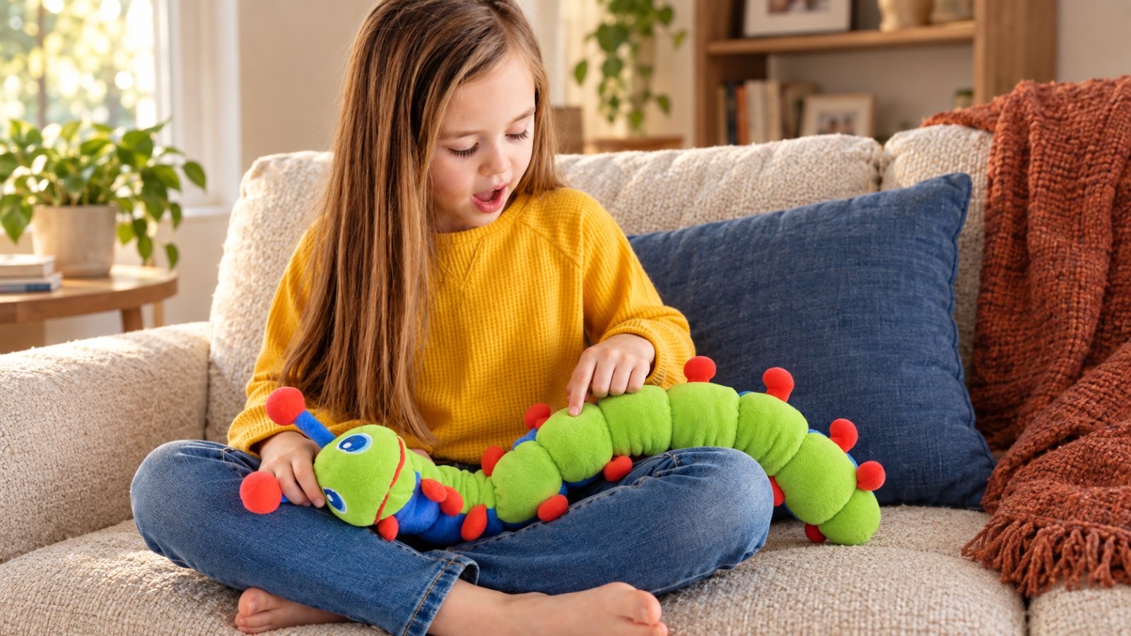 A child sitting on the floor with Calmee, Flutter and Bloomie laid out in front of them, choosing one.