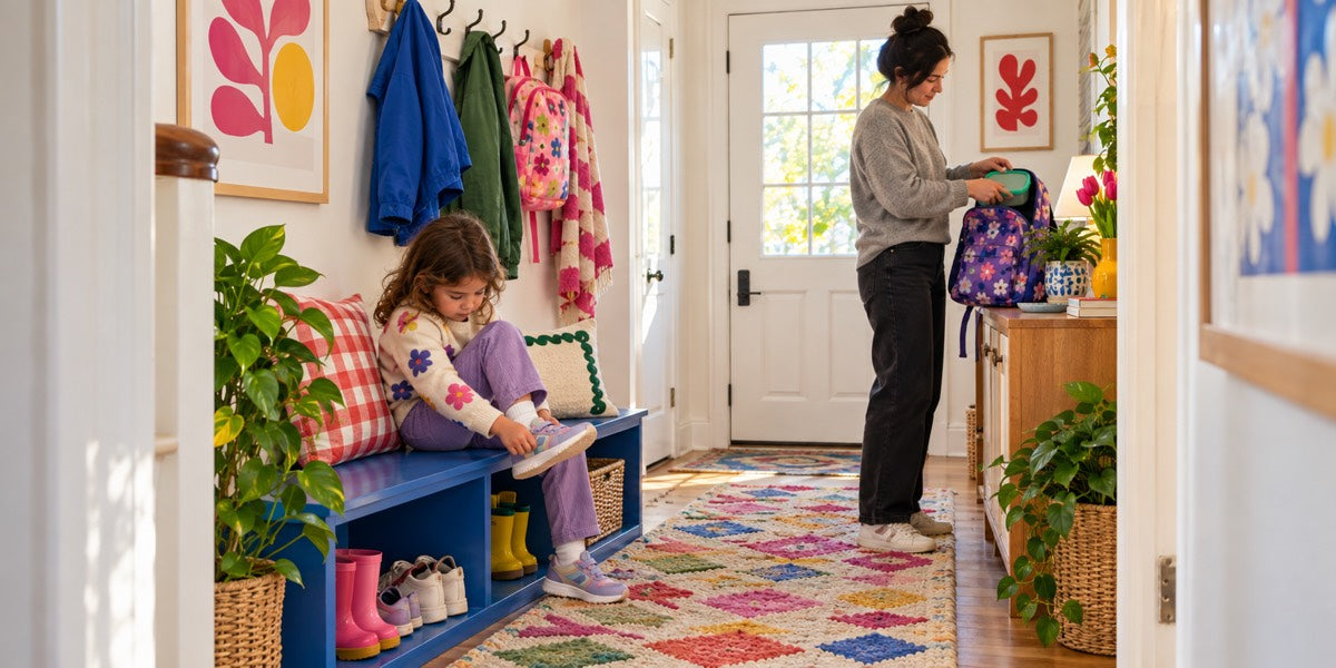 A girl sitting on a hallway bench pulling on her shoes while a parent packs a lunchbox into a backpack by the front door.