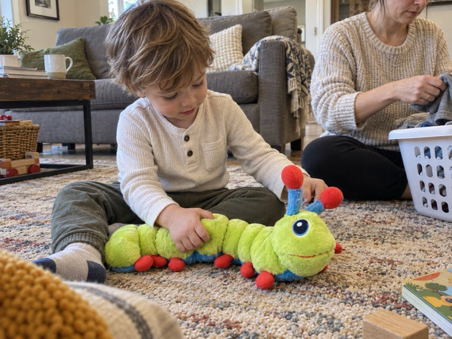 A young boy sitting on a living-room rug exploring Calmee while a parent folds laundry nearby.