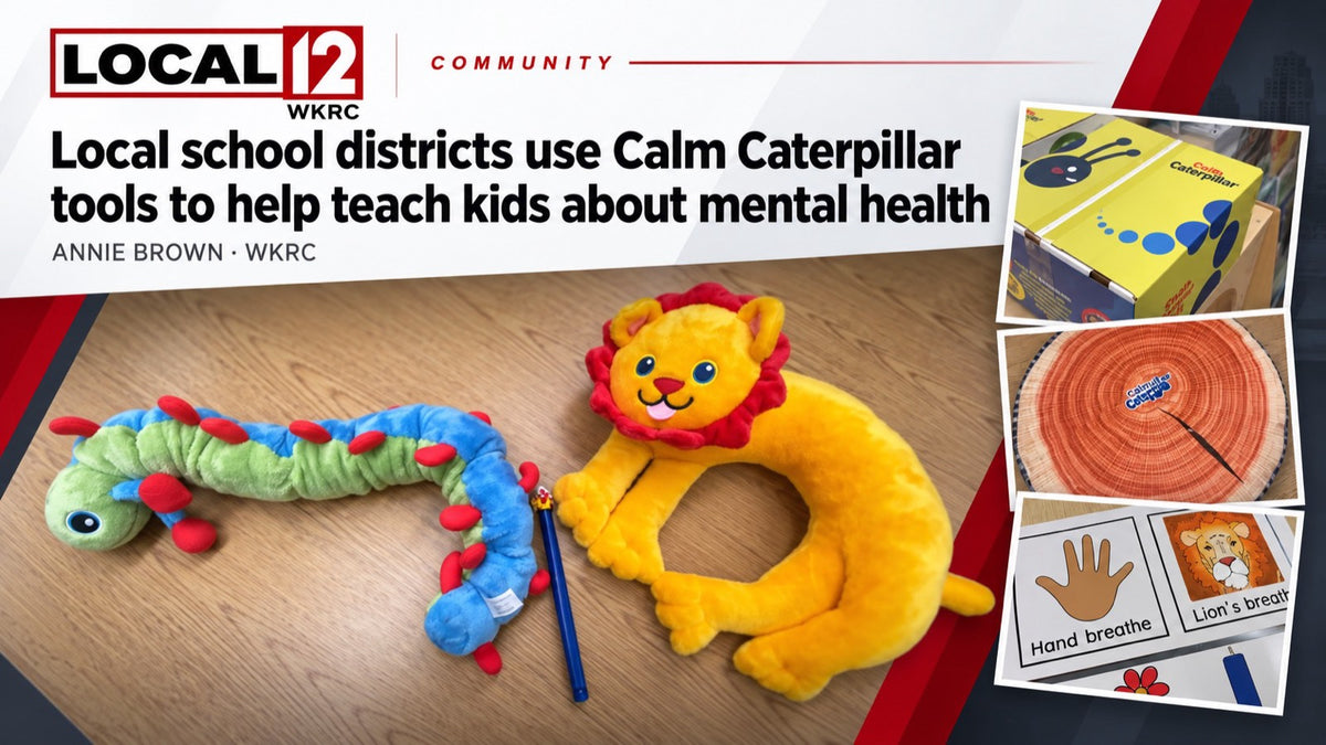 Calmee and Rory plush tools on a table beside the kit box and hand-breathing cards.
