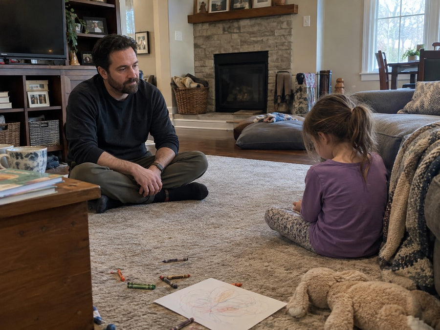 A parent sitting cross-legged on the living room floor a few feet from their child, calm and nearby.