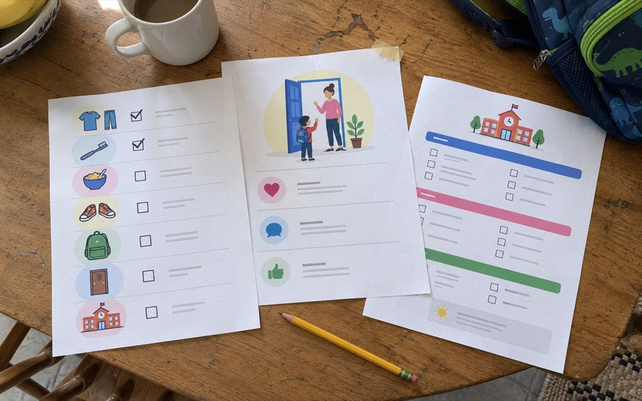 Three printed pages photographed flat: a picture routine strip, a door script, and a handover page.