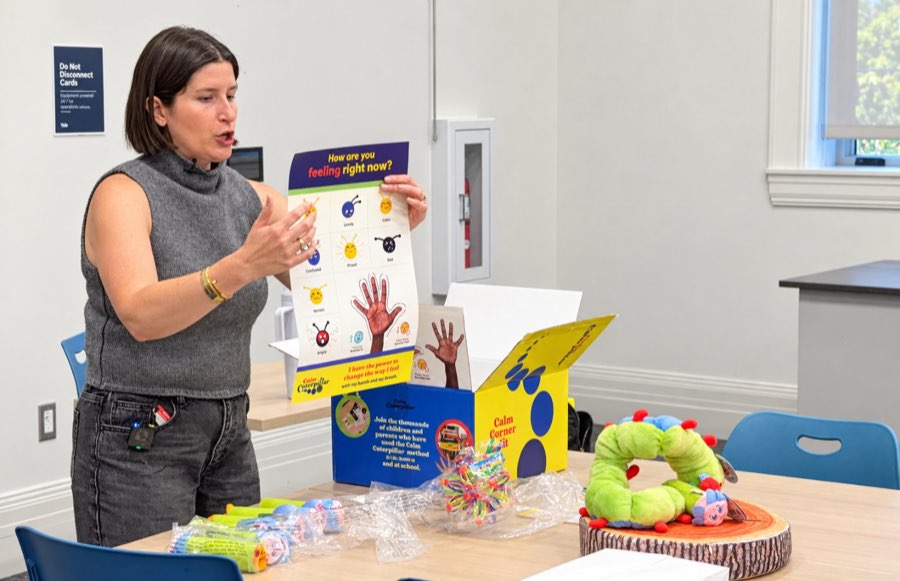 Sarah Habib holding up a feelings chart beside an open Calm Corner Kit while training educators.