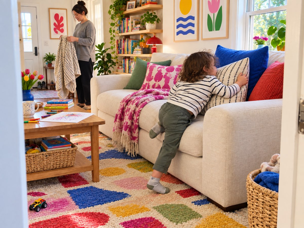 A child climbing over the arm of a sofa into the cushions while a parent folds a blanket in the next room.